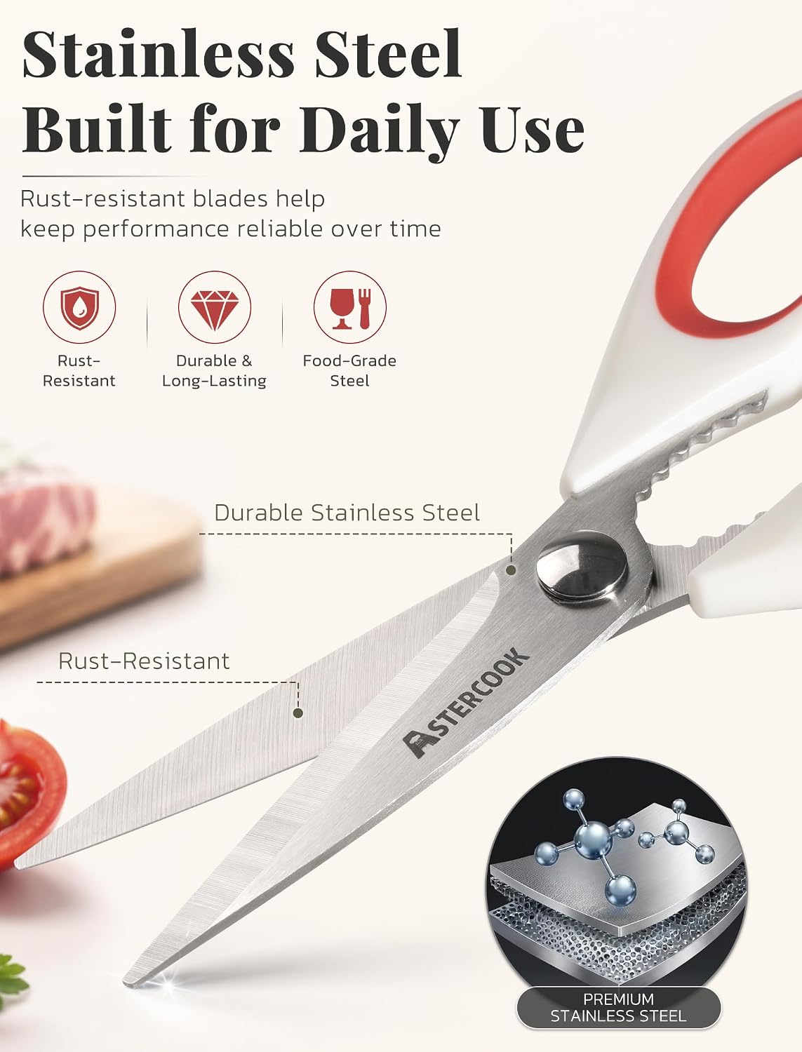 Astercook Kitchen Scissors 3 Pack, Heavy Duty All Purpose Kitchen Shears for Food and Packaging, Stainless Steel Food Scissors for Meat, Poultry, Herbs and Vegetables, Dishwasher Safe - Image 3