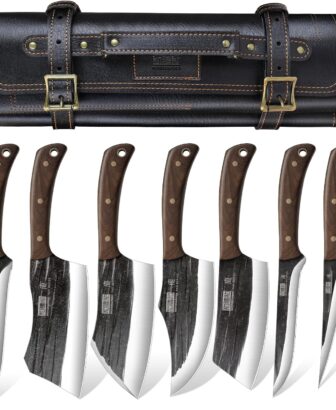 HOSHANHO Butcher Knife Set, Sharp Kitchen Knife Set & Roll Bag Gift for Men | Hand Forged 8PCS Butcher Chef Knife Set with Meat Cleaver Knife & Bone Chopper Knives & Fillet Knives for Home, Camping, BBQ